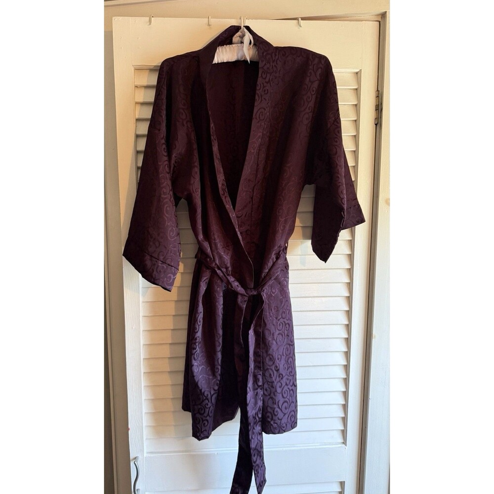 Vintage Gabrielle Intimates Short Purple Burgundy Satin Belted Robe Kimono love